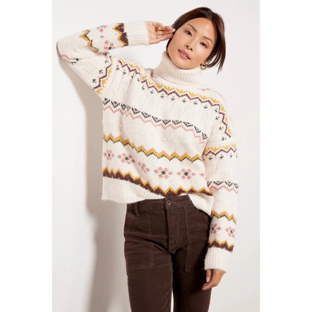 $118 Evereve Lyra Fair Isle Turtleneck Sweater Ivory Wool Bld Cozy Pullover XL - Picture 1 of 10